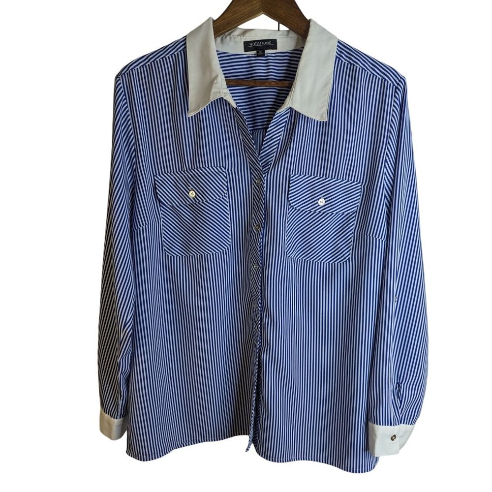Notations Women's Blue & White Stripe Button Down Blouse Classic Preppy sz XL